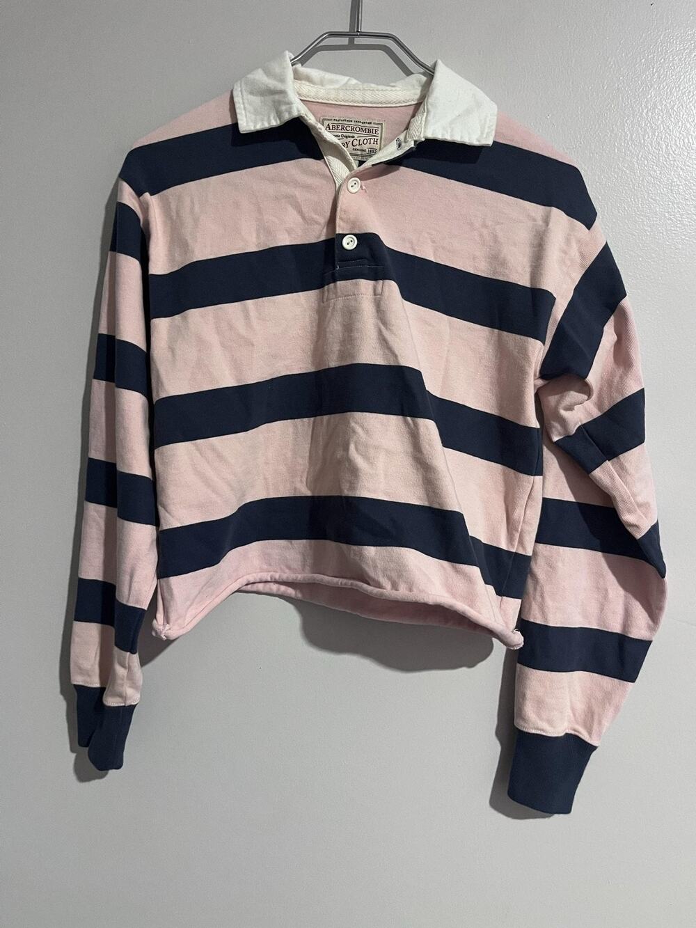 Abercrombie Polo Womens XS Pink Navy Striped Rugby Shirt Long Sleeve Jersey
